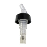 A TableCraft Products 1-1/4 oz pourer with a black collar and ribbed insert for secure fit. The angled spout allows for Proper Pour control of liquids. Displayed on a white background.