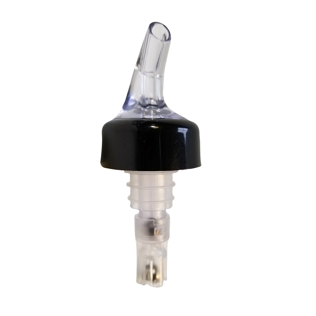 A clear plastic Proper Pour liquor bottle spout with a black collar by TableCraft Products, designed for controlled, 1-1/4 oz pouring. The angled nozzle and ribbed lower section ensure a secure fit. Background is plain white.