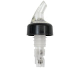 A clear plastic 1-1/4 oz pourer with a black collar from TableCraft Products. The spout is slightly curved for easy pouring, and the ribbed lower part fits securely into a bottle neck. The design is functional and minimalist.