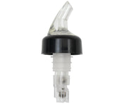 A clear plastic 1-1/4 oz pourer with a black collar from TableCraft Products. The spout is slightly curved for easy pouring, and the ribbed lower part fits securely into a bottle neck. The design is functional and minimalist.