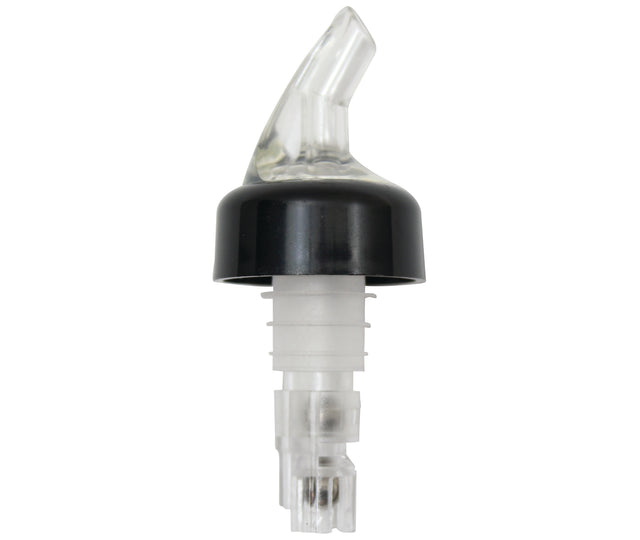 A clear plastic 1-1/4 oz pourer with a black collar from TableCraft Products. The spout is slightly curved for easy pouring, and the ribbed lower part fits securely into a bottle neck. The design is functional and minimalist.