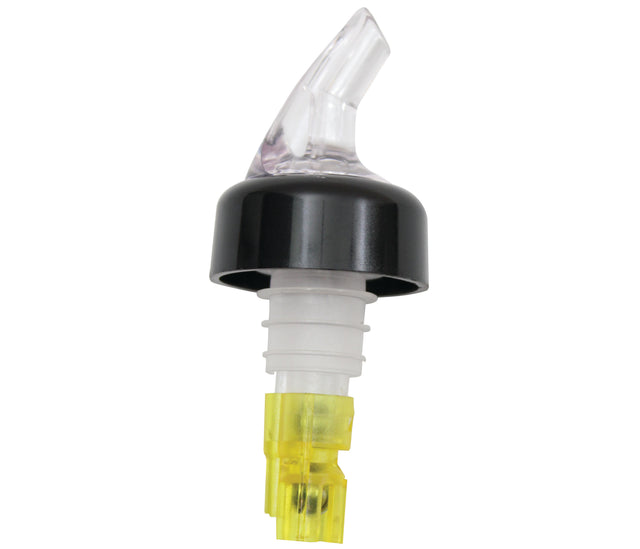 A clear plastic liquor bottle pour spout with a black collar and yellow base. The Proper Pour spout has a curved tip for pouring, and the base includes a built-in 1-1/2 oz. measured pourer, ideal for bars to control alcohol portions.