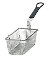 A rectangular mesh Fry Basket with a long black PVC handle and heat-resistant grip. The empty basket stands on a white background, angled to show both the front and side.