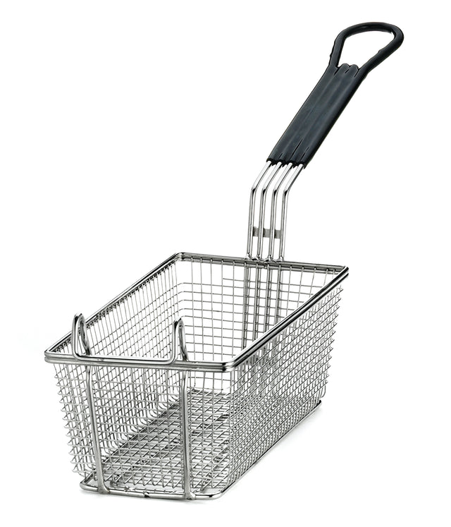A rectangular mesh Fry Basket with a long black PVC handle and heat-resistant grip. The empty basket stands on a white background, angled to show both the front and side.