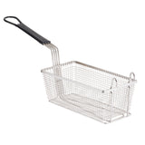 A rectangular mesh Fry Basket with a black PVC handle. The basket is silver with straight sides, designed for immersing food into hot oil. Its long handle ensures safe handling during frying. The image is set against a white background.