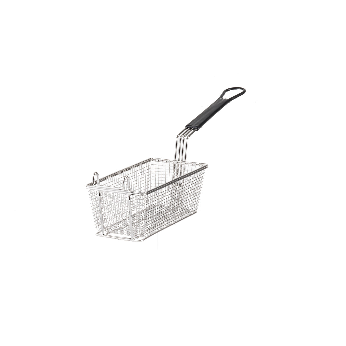 A rectangular mesh fry basket featuring a fine design, two front hooks, and a long black PVC handle with a loop at the end, isolated on a white background.