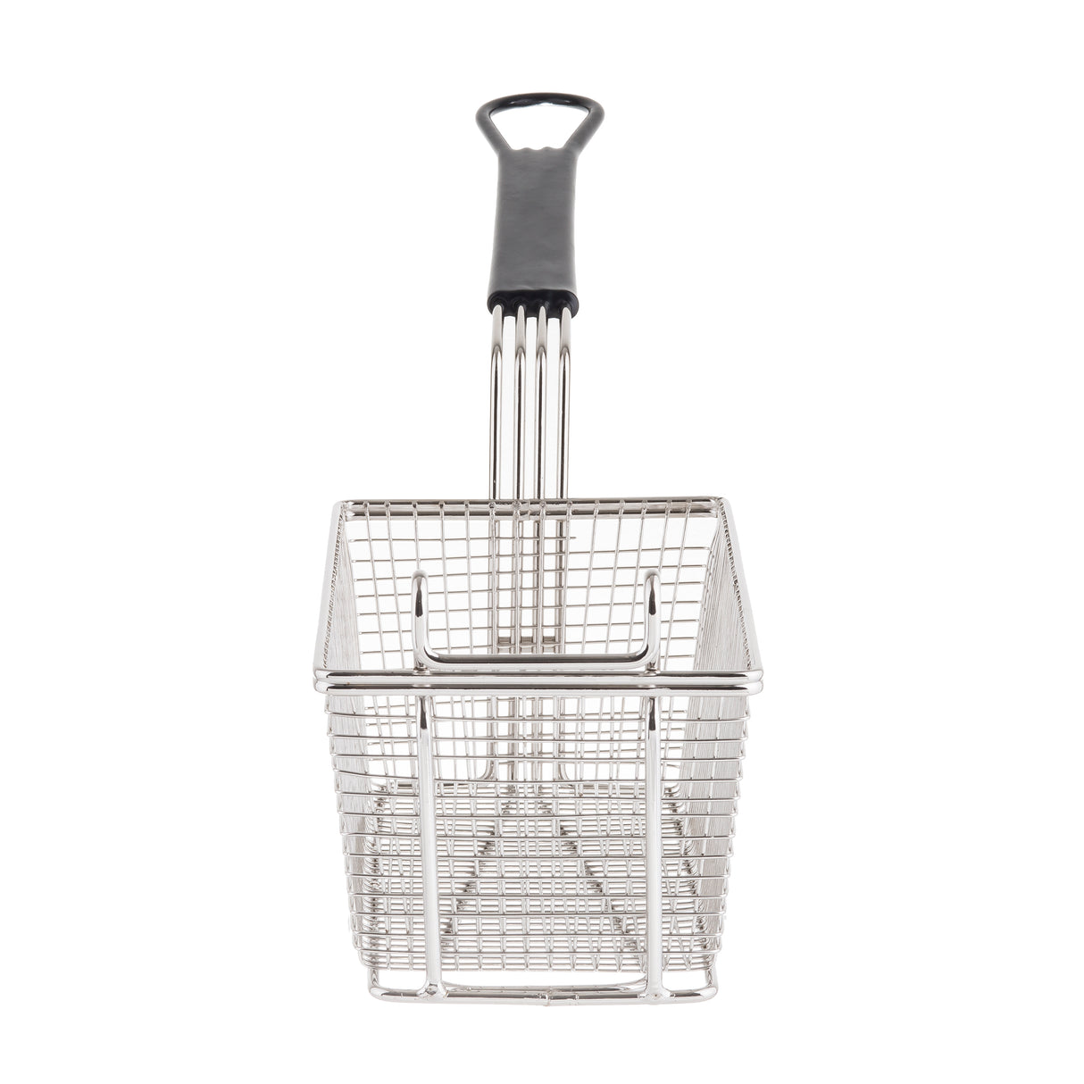 A rectangular mesh Fry Basket with a black PVC handle, made of stainless steel, ideal for deep frying. The basket stands upright, displaying its sturdy mesh sides and bottom with the handle extending straight up.