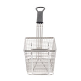 A rectangular mesh Fry Basket with a black PVC handle, made of stainless steel, ideal for deep frying. The basket stands upright, displaying its sturdy mesh sides and bottom with the handle extending straight up.
