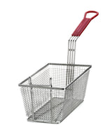 A rectangular mesh fry basket with a red PVC handle is shown against a white background. The basket features small mesh sides and an open top, ideal for lowering food into hot oil for frying.