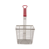 A rectangular mesh fry basket with a red PVC handle. The deep, open design of the basket is perfect for frying, and it stands upright against a white background with the handle facing upwards.