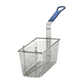A rectangular mesh fry basket with straight sides, sturdy construction, and a cool-to-touch handle, photographed against a white background. Perfect for safely holding food items while frying.