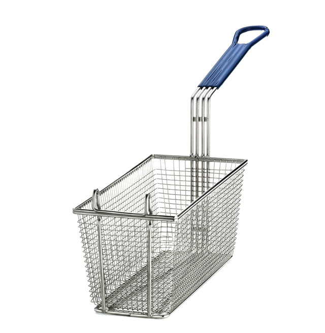A rectangular mesh fry basket with straight sides, sturdy construction, and a cool-to-touch handle, photographed against a white background. Perfect for safely holding food items while frying.