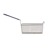 A rectangular mesh fry basket with a cool-to-touch handle and black plastic coating. The empty fry basket is viewed from the side against a white background, featuring a hook for hanging on the right side of the frame.