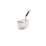A rectangular mesh fry basket with a blue cool-to-touch handle, designed for frying food. The basket is positioned upright and centered on a plain white background.