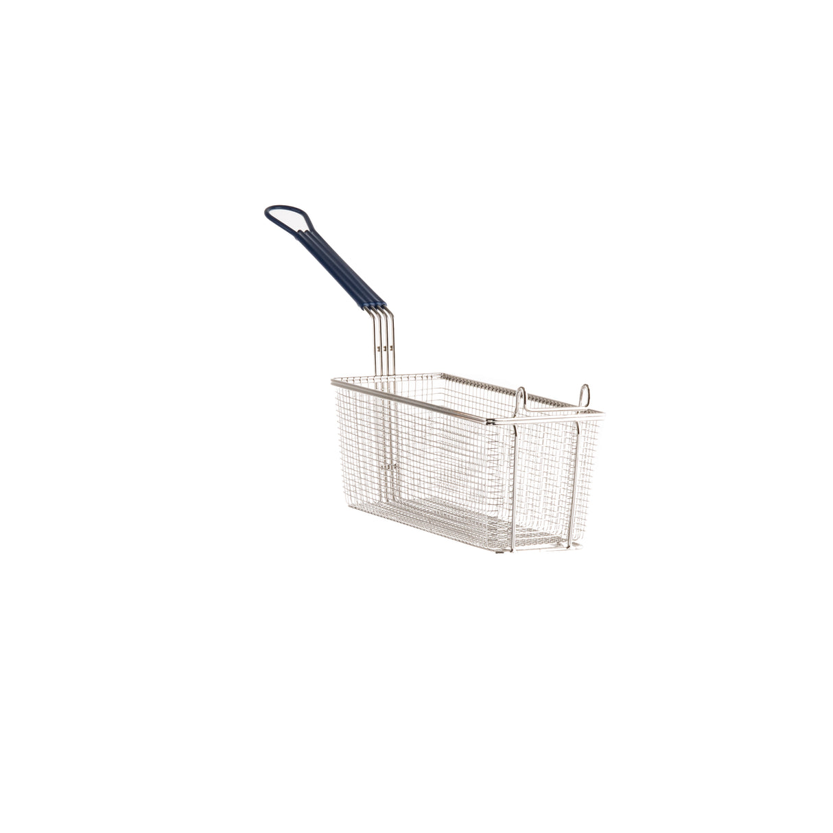 A rectangular mesh fry basket with small feet, hooks for resting on a fryer’s edge, and a cool-to-touch handle is shown angled on a white background. The metal mesh design and black plastic handle offer both durability and safety.