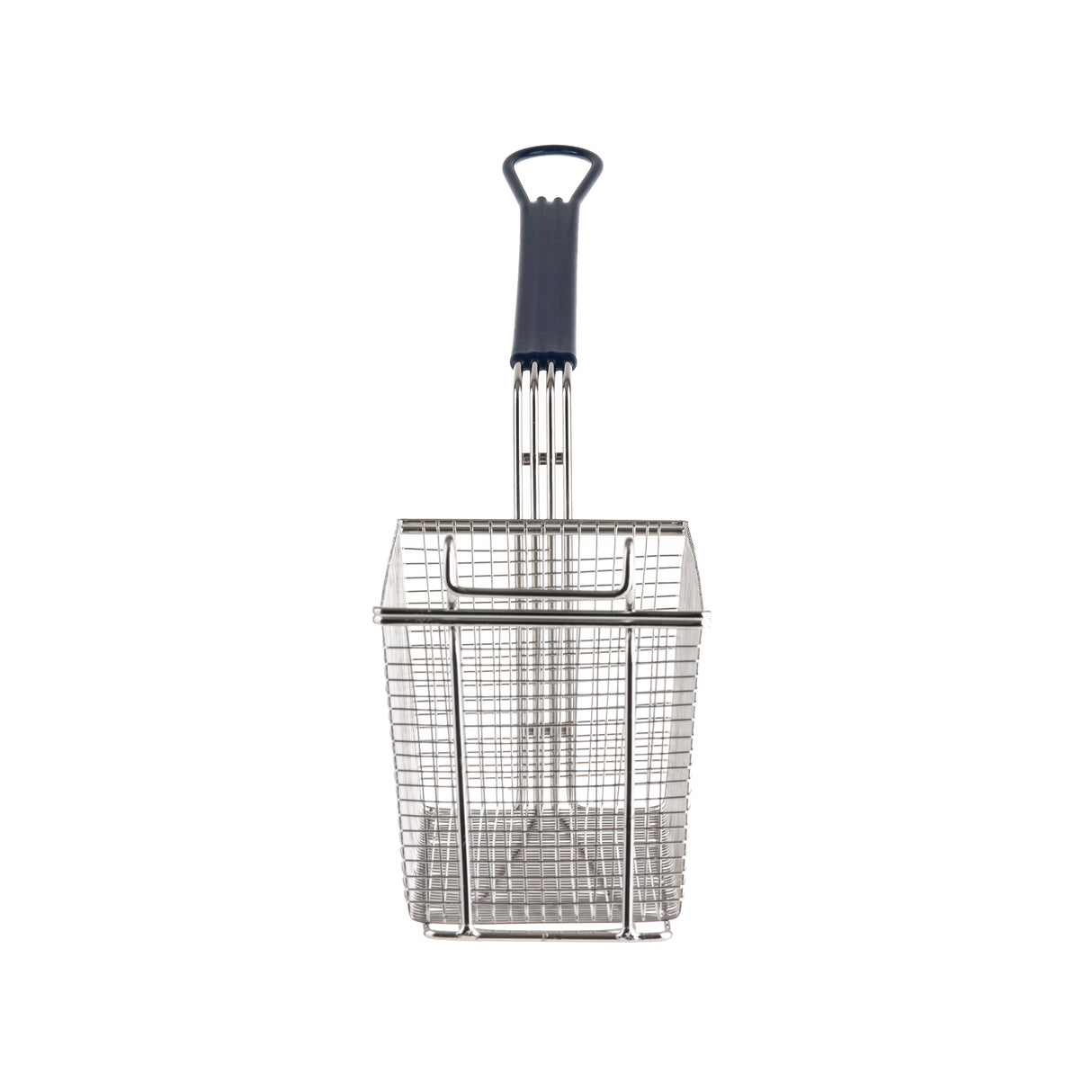 A rectangular mesh fry basket with a cool-to-touch handle, viewed from the front against a white background. The wire mesh fry basket features a sturdy frame and a hooked section for hanging.