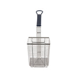 A rectangular mesh fry basket with a cool-to-touch handle, viewed from the front against a white background. The wire mesh fry basket features a sturdy frame and a hooked section for hanging.