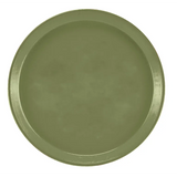A plain, round, olive green fiberglass tray with a raised rim. The dishwasher safe tray has a smooth surface and no visible patterns or decorations. The image is taken from a top-down perspective against a white background.
