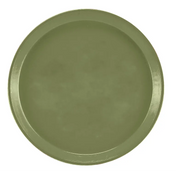 A round, olive green Serving Camtray with slightly raised edges, viewed from above. The surface is smooth and unadorned, featuring a matte finish and subtle color variations. This fiberglass tray appears empty and clean.