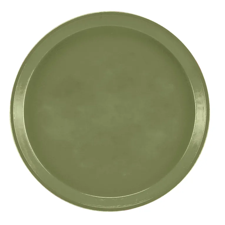 A plain, round Serving Camtray with raised edges is shown from above. The tray is olive green in color and appears to be made of a smooth, solid fiberglass material with a matte finish. There are no patterns, handles, or decorations on the tray.