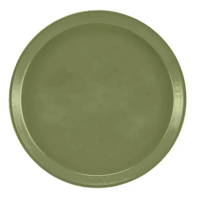 A round, flat olive-green fiberglass tray with slightly raised edges is shown against a white background. The Serving Camtray features a smooth, matte surface and even color, with no patterns or decorations visible. It is also dishwasher safe.