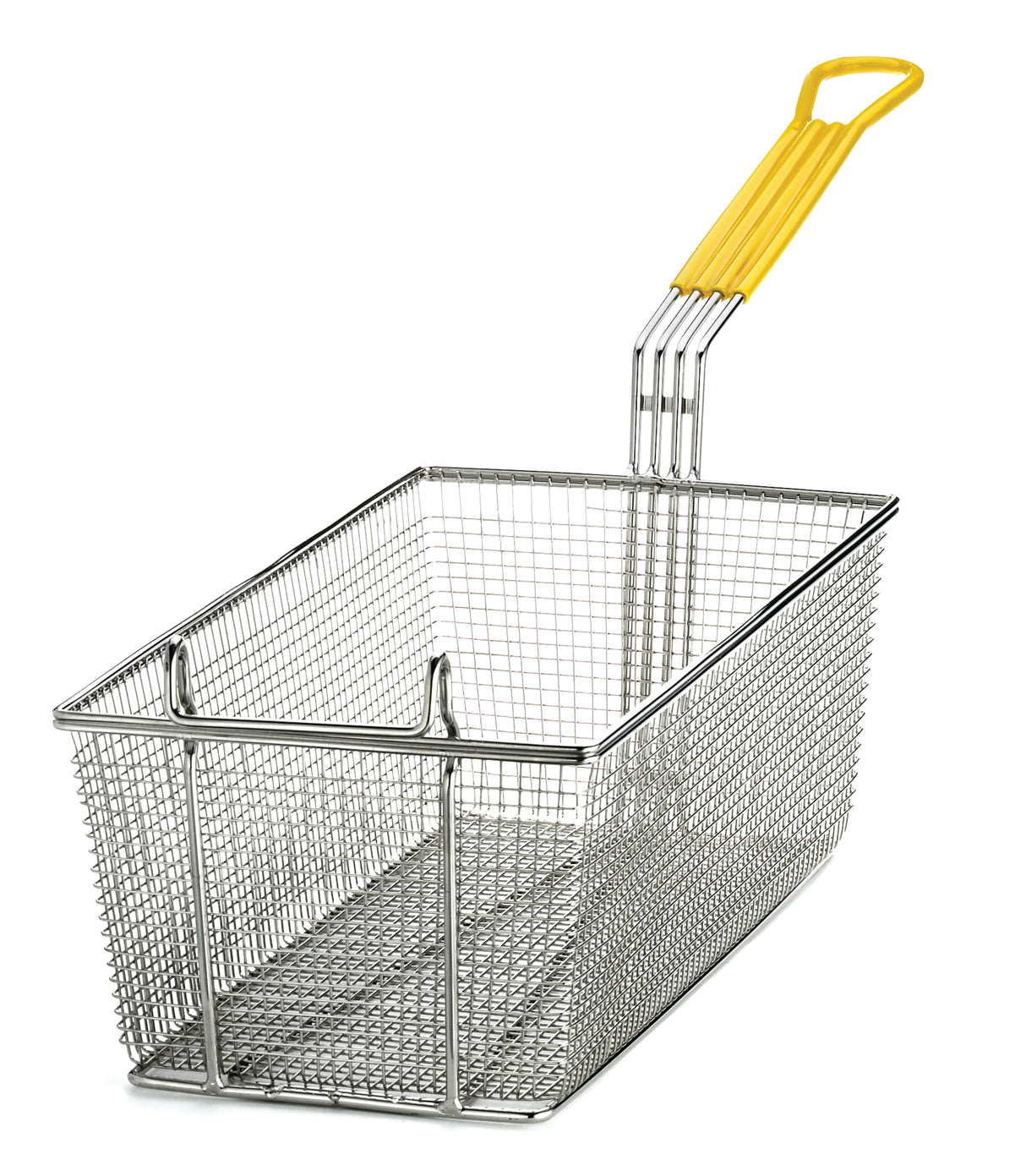 A rectangular metal wire mesh fry basket with a long, yellow vinyl handle is designed for safely lowering and lifting food into hot oil. The empty basket is set against a plain white background.