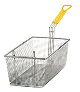 A rectangular metal wire mesh fry basket with a long, yellow vinyl handle is designed for safely lowering and lifting food into hot oil. The empty basket is set against a plain white background.