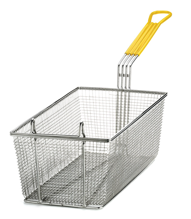 A rectangular metal wire mesh fry basket with a long, yellow vinyl handle is designed for safely lowering and lifting food into hot oil. The empty basket is set against a plain white background.