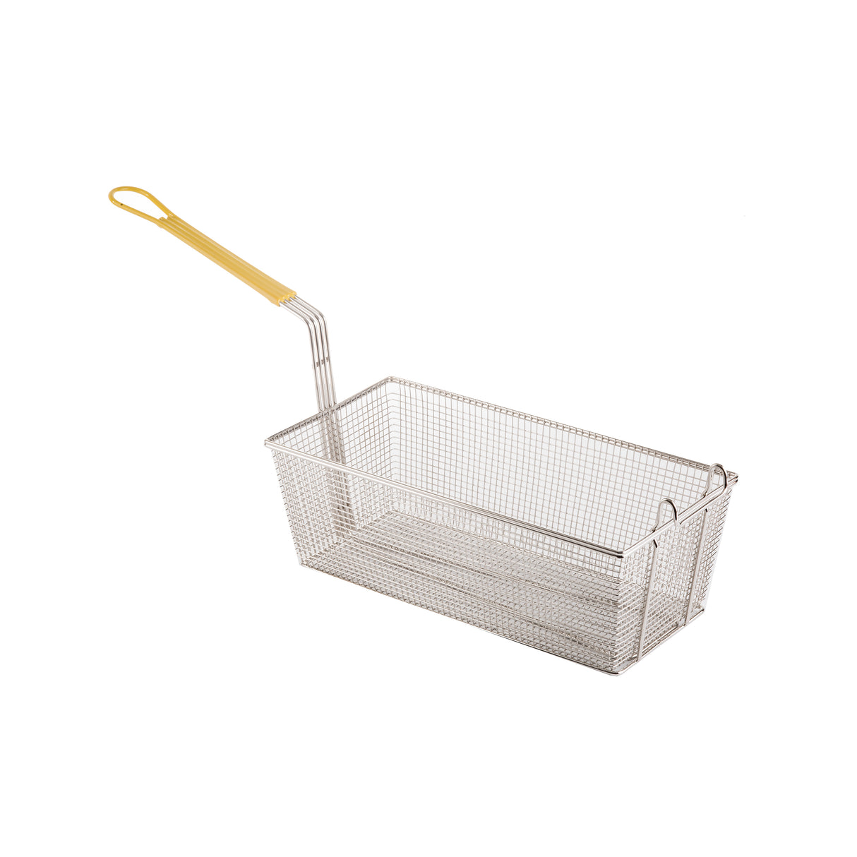 A rectangular metal wire mesh fry basket with a yellow vinyl handle, shown on a white background. The sturdy basket is designed for holding food while frying and features a hook on the rim for resting on the fryer.
