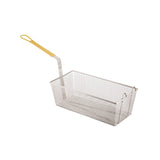 A rectangular metal wire mesh fry basket with a yellow vinyl handle, shown on a white background. The sturdy basket is designed for holding food while frying and features a hook on the rim for resting on the fryer.