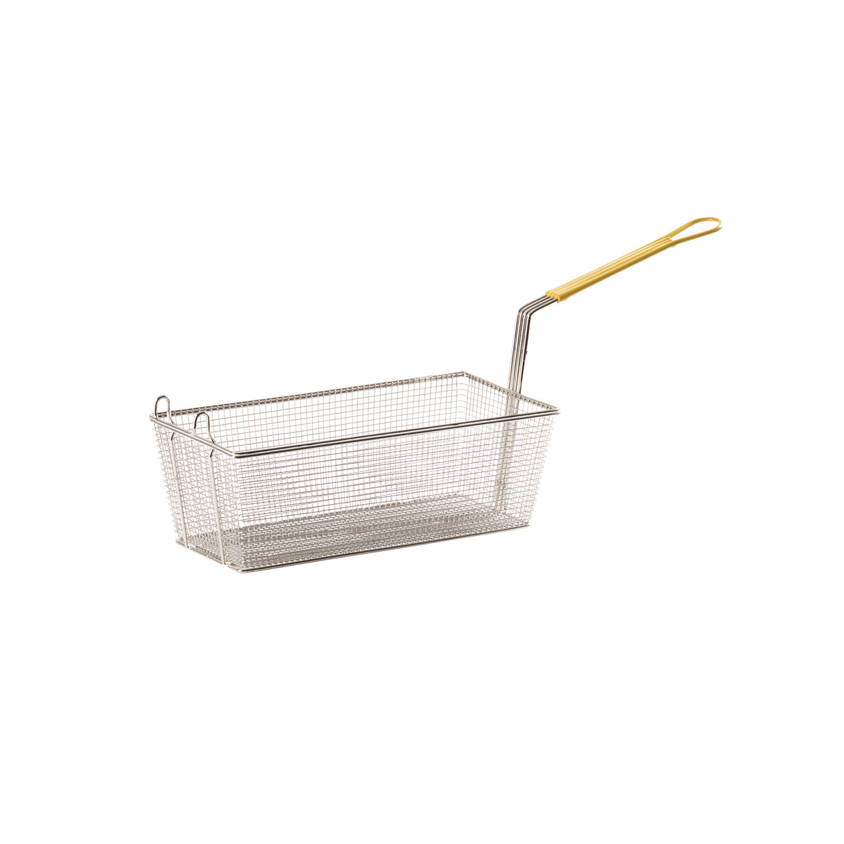 A rectangular metal fry basket with a long, angled vinyl handle coated in yellow plastic is shown on a white background. The mesh sides of the basket allow for efficient oil and water drainage during frying or rinsing.