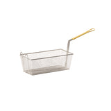 A rectangular metal fry basket with a long, angled vinyl handle coated in yellow plastic is shown on a white background. The mesh sides of the basket allow for efficient oil and water drainage during frying or rinsing.