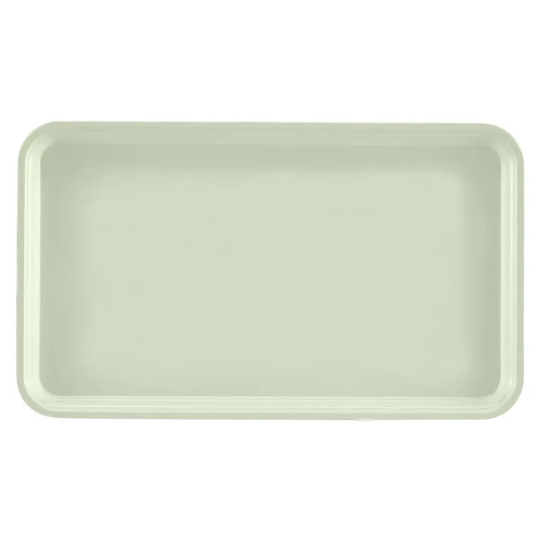 A rectangular, light green Camtray crafted from high-impact fiberglass is shown on a white background. This dishwasher safe tray has rounded corners and slightly raised edges, viewed from above to display its smooth, plain surface.