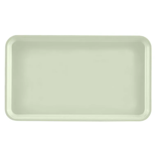 A rectangular, light green Camtray crafted from high-impact fiberglass is shown on a white background. This dishwasher safe tray has rounded corners and slightly raised edges, viewed from above to display its smooth, plain surface.