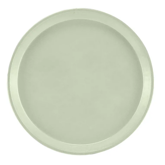 A plain, round, light gray Serving Camtray with a slightly raised edge, viewed from above against a white background. Made from durable fiberglass, the tray’s smooth surface is unadorned and dishwasher safe for easy cleaning.