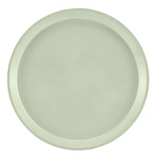 A light gray, round fiberglass tray with a slightly raised rim is shown against a plain white background. This Serving Camtray features a smooth surface and minimalist design, and is dishwasher safe for easy cleaning.
