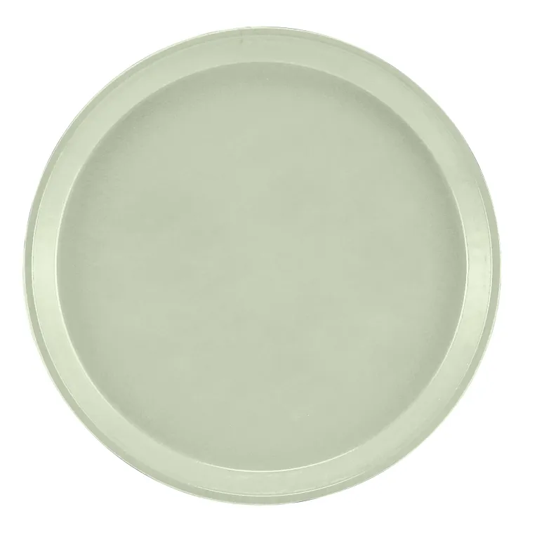 A plain, round, light grey Serving Camtray with a slightly raised rim. The fiberglass tray is viewed from above, and its smooth surface and simple design are clearly visible against a white background.