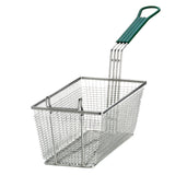 A rectangular mesh fry basket with a nickel plated finish, featuring a long angled metal handle covered in green plastic and two small support hooks on top. The empty fry basket is isolated on a white background.
