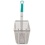 A rectangular mesh fry basket with a teal plastic handle. The deep, nickel plated silver metal basket is designed for frying or draining. Its long, ergonomic handle is securely attached to the frame, shown against a white background.