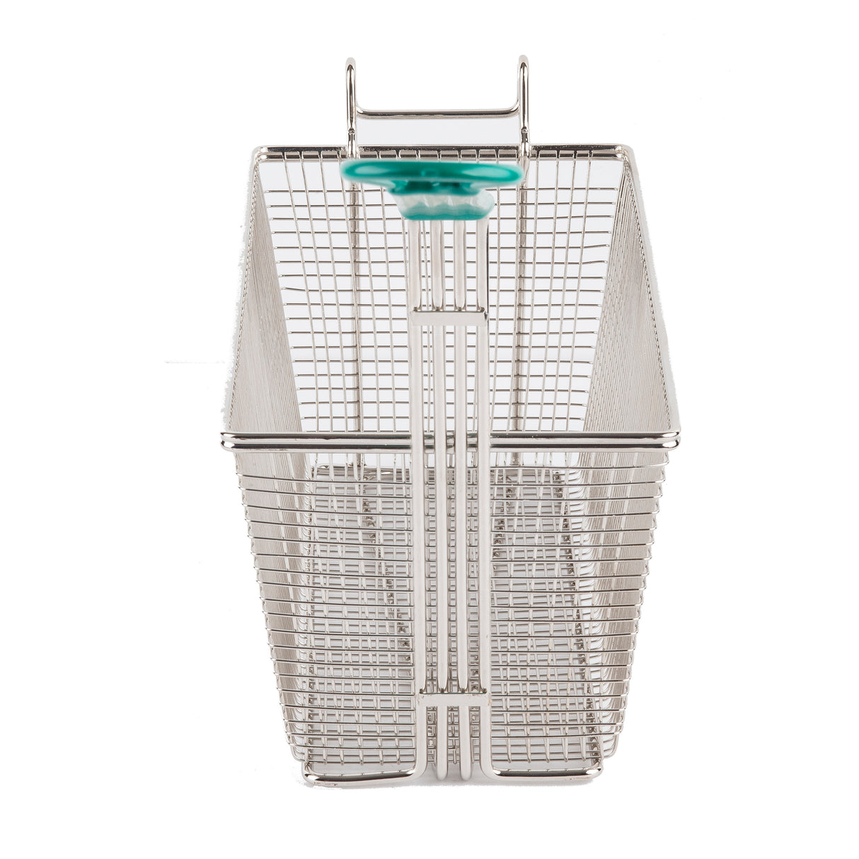 A rectangular nickel plated metal wire basket with a grid design and a teal plastic handle at the center, photographed against a plain white background. The mesh fry basket is upright, showcasing its open top and deep interior.