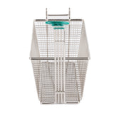 A rectangular nickel plated metal wire basket with a grid design and a teal plastic handle at the center, photographed against a plain white background. The mesh fry basket is upright, showcasing its open top and deep interior.