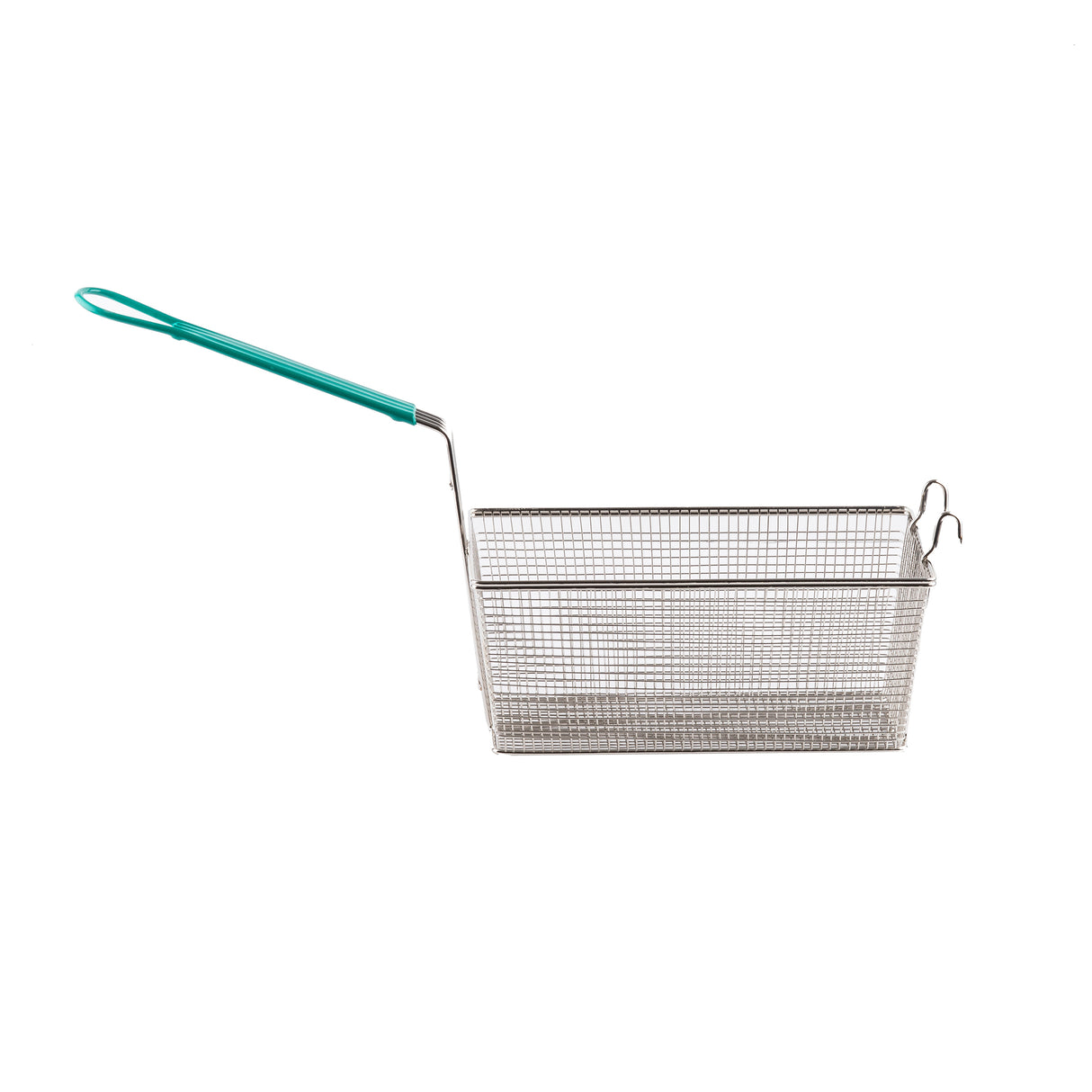 A rectangular nickel plated mesh fry basket with a green plastic-coated handle, shown against a white background. The basket features two small hooks for hanging and a fine mesh design for efficient draining of oil or liquids.