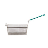A rectangular nickel plated mesh fry basket with a green plastic-coated handle, shown on a white background. The deep basket features a small hook on one corner for resting securely on the edge of a fryer.