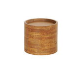 A round, light brown wooden container with a smooth, seamless appearance and visible wood grain patterns. This cylindrical vessel, ideal as a wood base for a beverage dispenser, lacks handles, lids, or decorative features and sits against a plain white background.