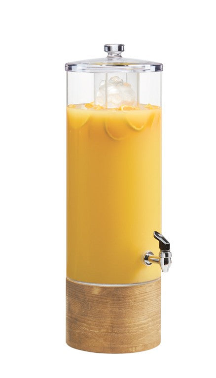 The 3 gallon Madera Beverage Dispenser features a tall cylindrical design with a clear lid, BPA free ice chamber, wooden base, and a sleek black and silver spigot for effortlessly serving orange juice.
