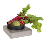 A black bowl filled with fresh vegetables—beet with leafy greens, artichoke, and red radishes—rests on a gray-washed pine wood block against a white background. The beet leaves extend outward, giving a sense of vibrant freshness.