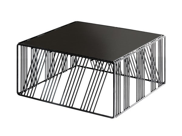 A modern, square coffee table with a solid black top and sides made of thin, evenly spaced diagonal black metal rods forms an open, geometric Portland Riser frame. The design creates a minimalist and airy appearance.