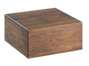A simple, square wooden box with a smooth walnut finish and visible wood grain pattern. The box is closed, BPA free, and sits on a white background with no visible handles or decorations.