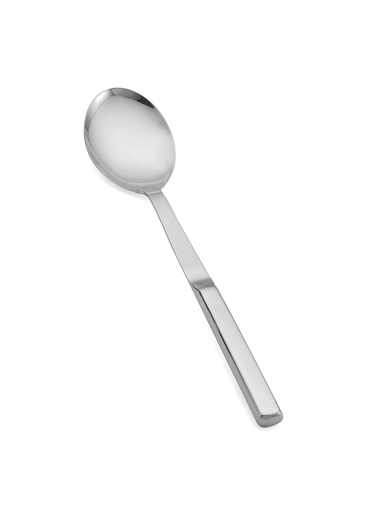 A stainless steel serving spoon with a rounded bowl and flat, straight handle is shown on a white background. The modern, reflective finish and clean lines suggest a contemporary design that is also dishwasher safe.