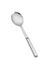 A stainless steel serving spoon with a rounded bowl and flat, straight handle is shown on a white background. The modern, reflective finish and clean lines suggest a contemporary design that is also dishwasher safe.